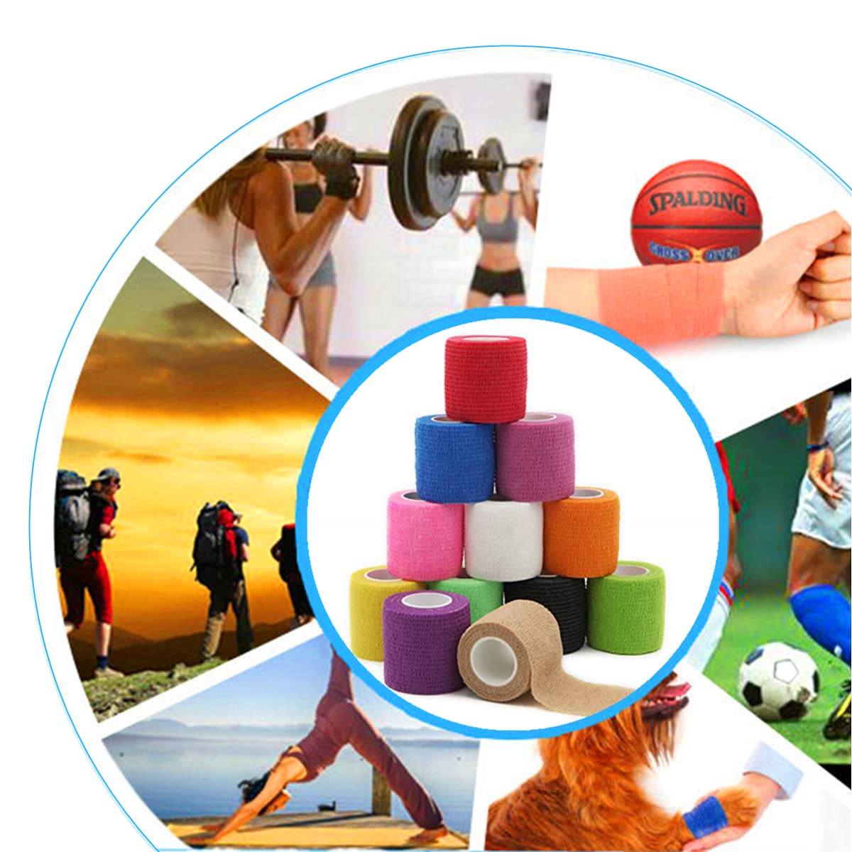 12 Pack 2 x 5 Yards Self Adhesive Elastic Bandage Wrap Stretch Self-Adherent Tape for First Aid,Sports, Wrist, Ankle (12 Colors)