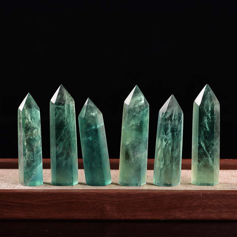 Runyangshi Green Fluorite Natural Healing Crystal Wands Height 2-2.4, 6 Faceted Prism Wand Reiki Chakra Stone, Natural Quartz