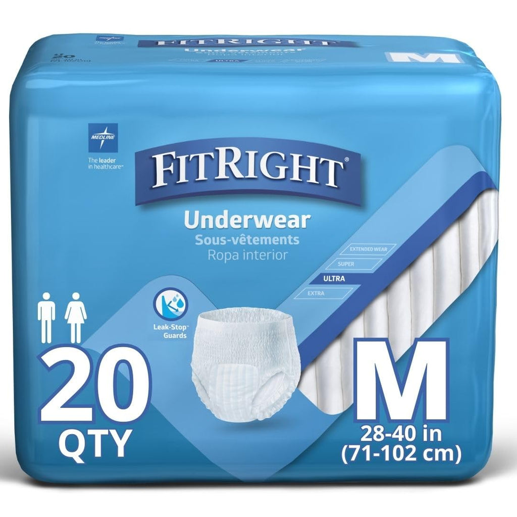 FitRight Ultra Unisex Adult Protective Underwear, Medium Size for Waist 28-40 Inches, Heavy Absorbency, Dependable Incontinence 