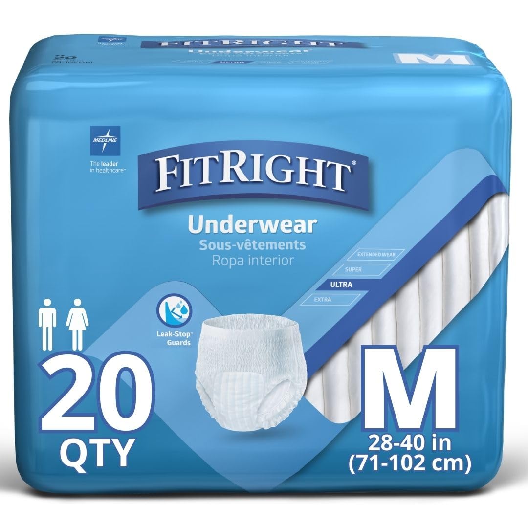 FitRight Ultra Unisex Adult Protective Underwear, Medium Size for Waist 28-40 Inches, Heavy Absorbency, Dependable Incontinence 