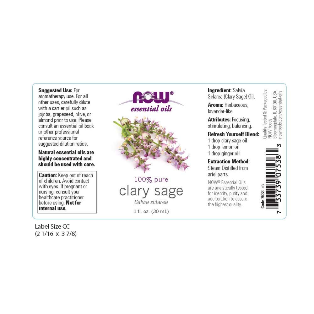 NOW Essential Oils, Clary Sage Oil, Focusing Aromatherapy Scent, Steam Distilled, 100% Pure, Vegan, Child Resistant Cap, 1-Ounce