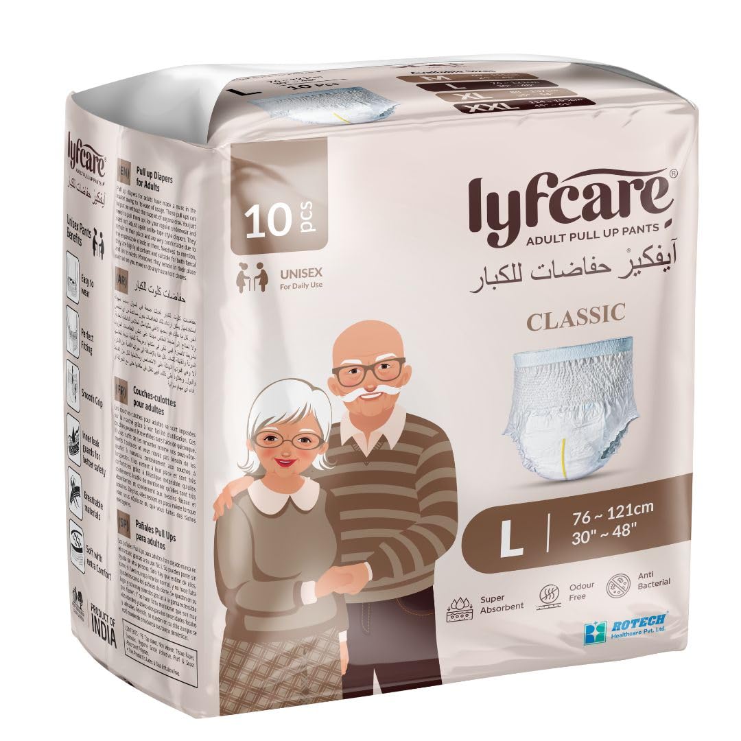 Lyfcare Classic Adult Diapers Large Size (L)  10 Units | Unisex Diapers Pants Style | Waist (75100 Cm) | Wetness Indicator, Su