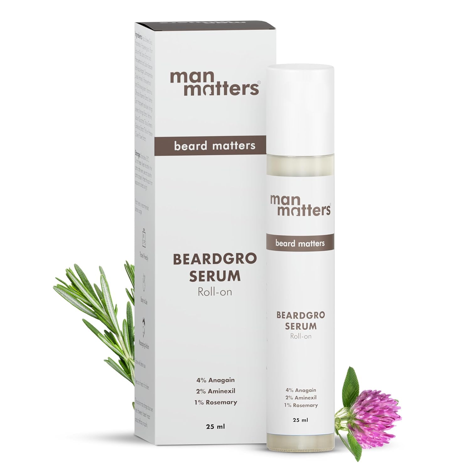 Man Matters Beardgro Serum Roll On 25Ml | 4% Anagain, 2% Aminexil & 1% Rosemary | For Stronger, Fuller & Thicker Beard | Solves 