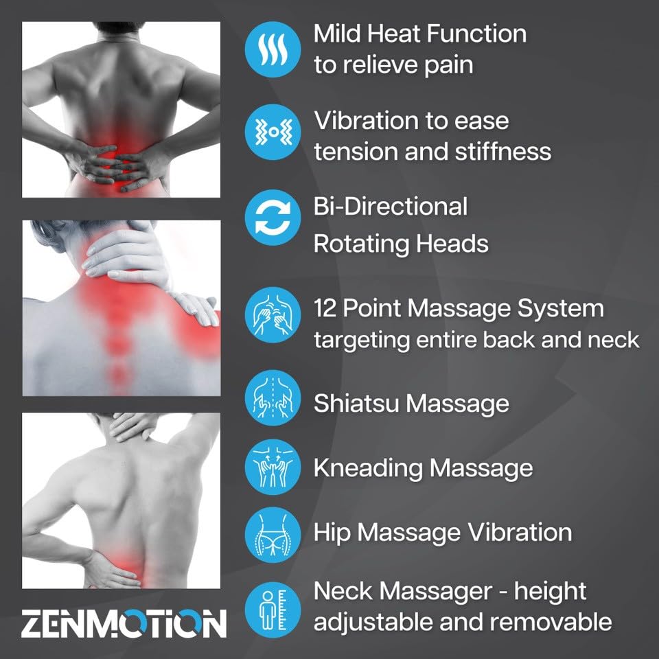 ZENMOTION Full Back Massager with Heat-Shiatsu Massage Chair Pad - 12-Point Shiatsu Back Massager for Chair with Height Adjustab