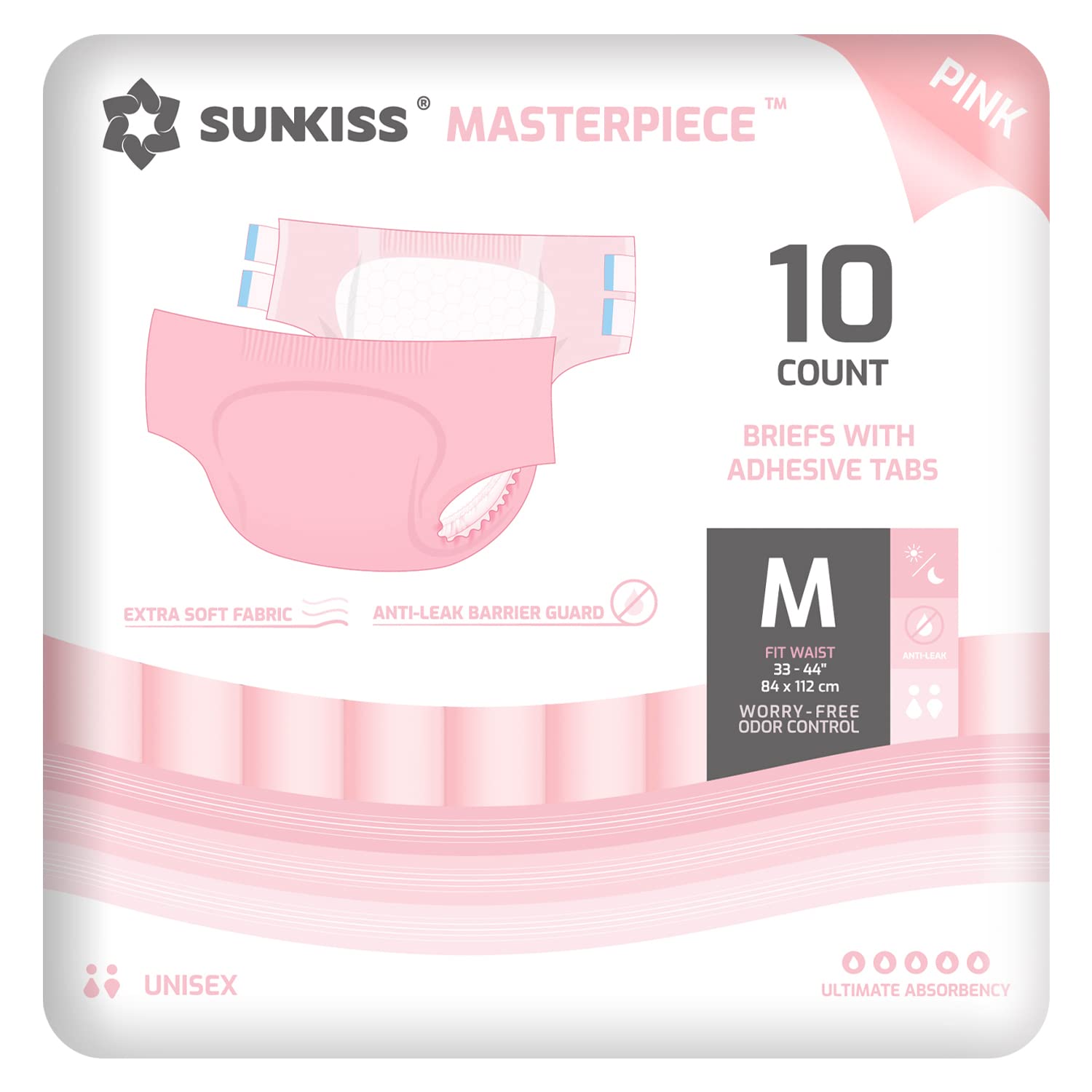 SUNKISS Masterpiece Adult Diapers with Tabs, Unisex Disposable Incontinence Briefs for Women and Men, Odor Control, Pink, Medium
