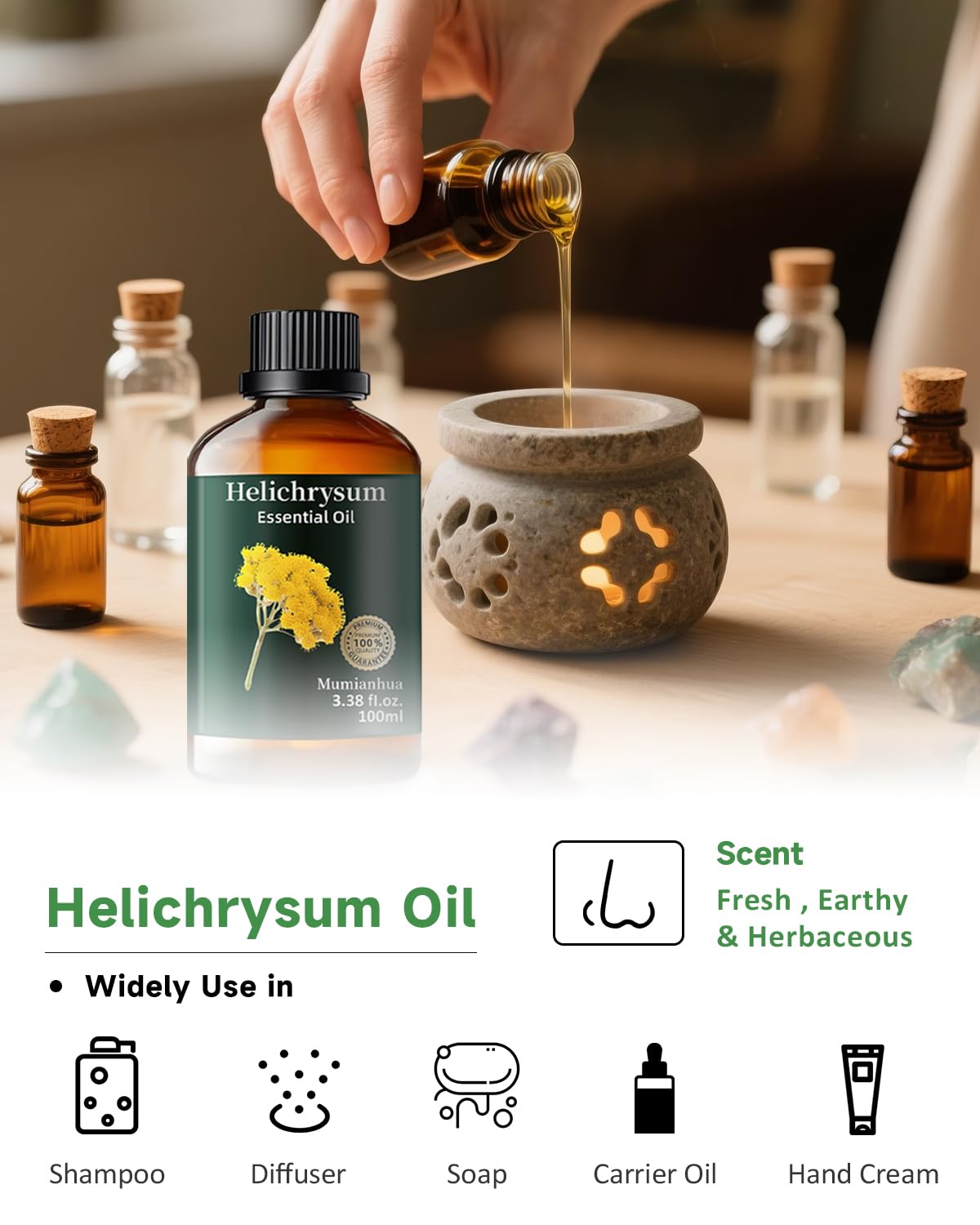 Mumianhua 100% Pure Helichrysum Essential Oil Undiluted & Natural Helichrysum Oil for Home Diffusers, Massages, DIY, Skin, Self-