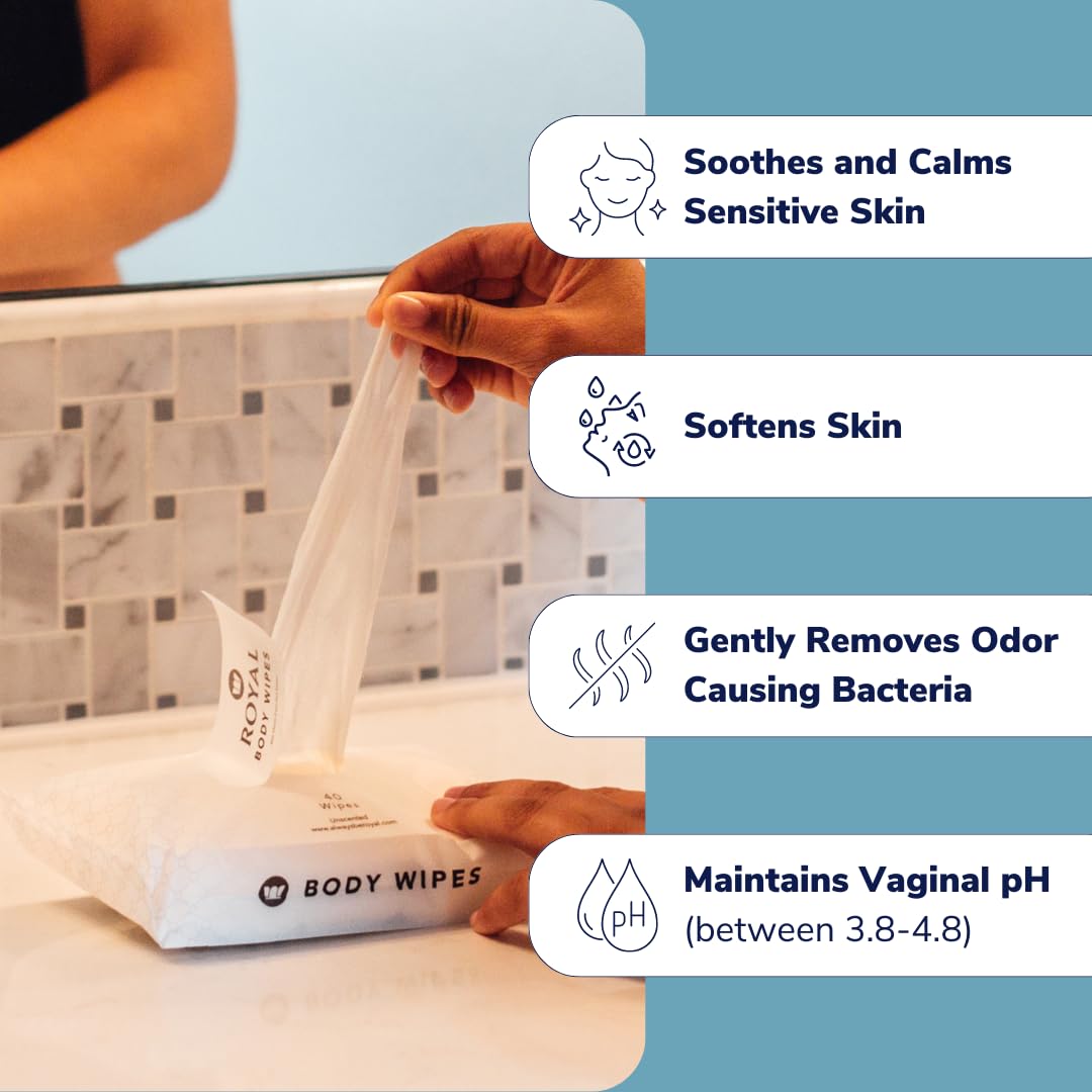 Royal Intimate Cleansing Feminine Wipes for Vaginal Hygiene, Personal Cleansing, Period Care, Sensitive Skin & Odor Removal - Un