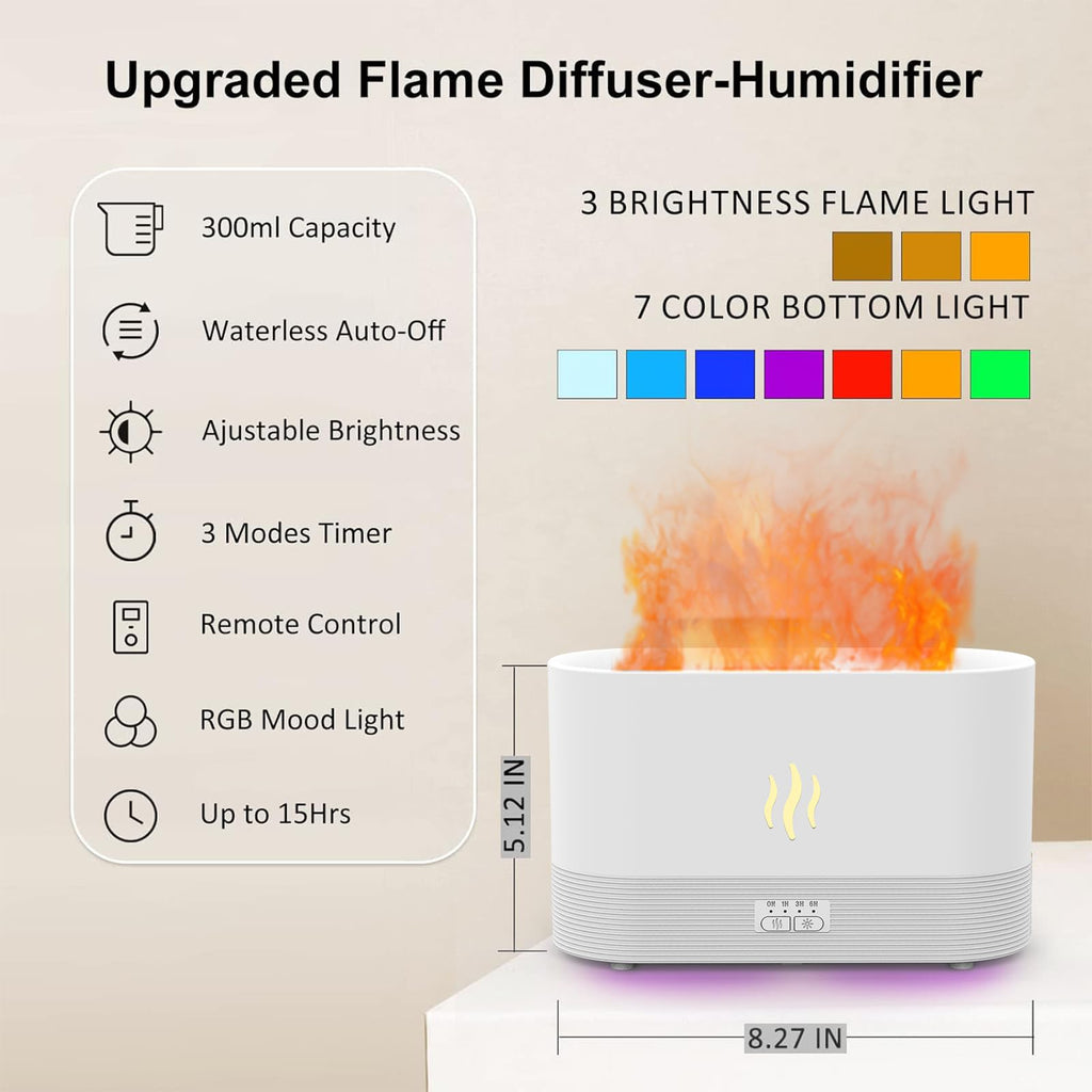 PLUWEL Flame Diffusers for Essential Oils Large Room-Upgraded 300ML Aroma Diffuser Humidifier with RGB Light-Remote Control for