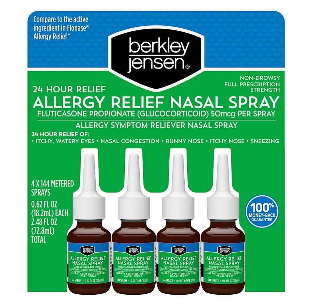 berkley jensen 24-Hour Allergy Relief Nasal Spray, Fluticasone Propionate (Glucocorticoid), 50 mcg, Full Prescription Strength, 