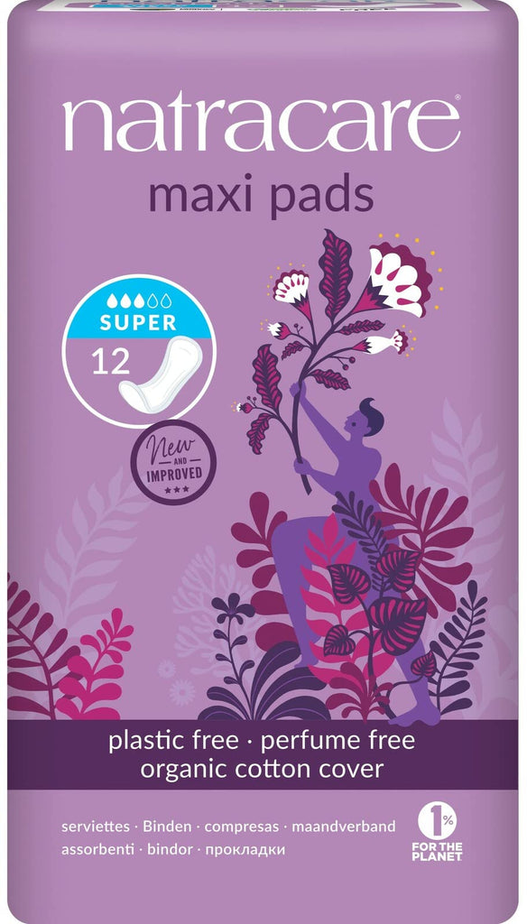 Natracare Natural Traditional Style Maxi Pads, Super, Individually Wrapped, Without Wings in Plant-Based Bag (1 Pack, 12 Pads To