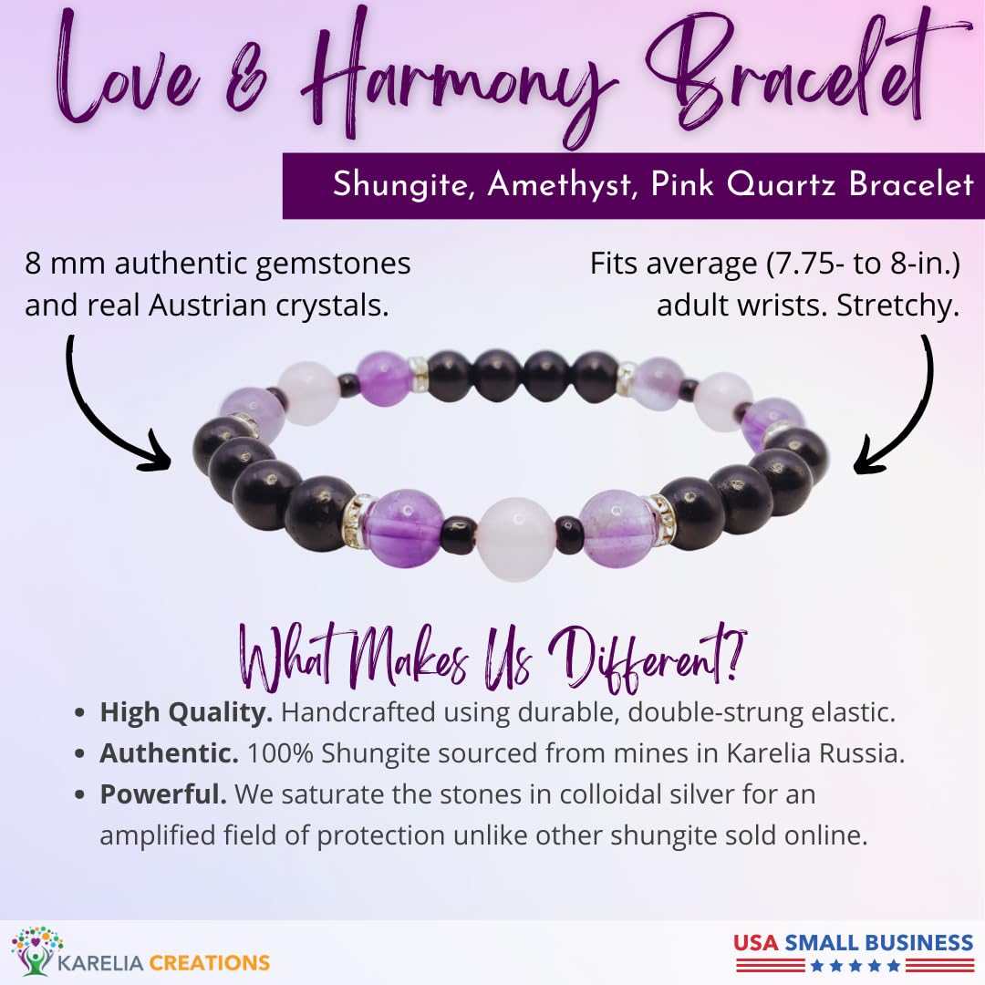 Shungite, Amethyst and Pink Quartz Protection Bracelet - Fits Average Adult Wrists (7.5 Inch Stretchy; 8mm Beads)