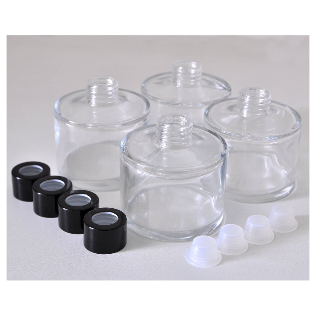 Ougual Set of 4 Cylindrical Round Glass Essential Oils Diffuser Bottles (150ML, Black Cap)