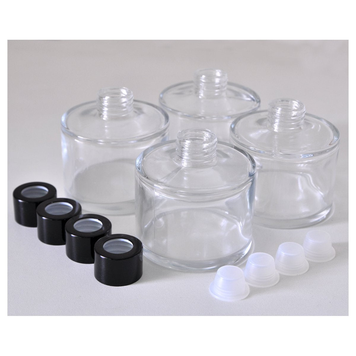 Ougual Set of 4 Cylindrical Round Glass Essential Oils Diffuser Bottles (150ML, Black Cap)