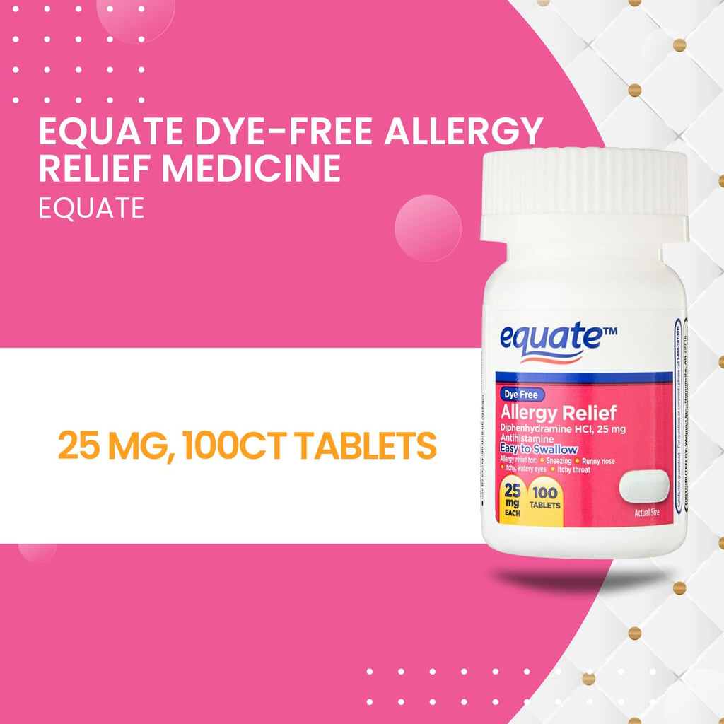 SCHMIDT EMPIRE Equate Dye-Free Allergy Relief 25 mg, 100ct Tablets (Pack of 2)