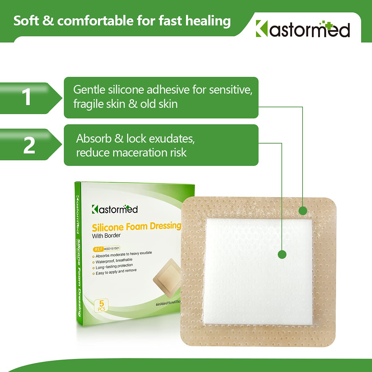 Silicone Foam Dressing, Waterproof Wound Dressing with Gentle Adhesive Border, 5 Layer High Absorbency Foam Bandages for Wound C