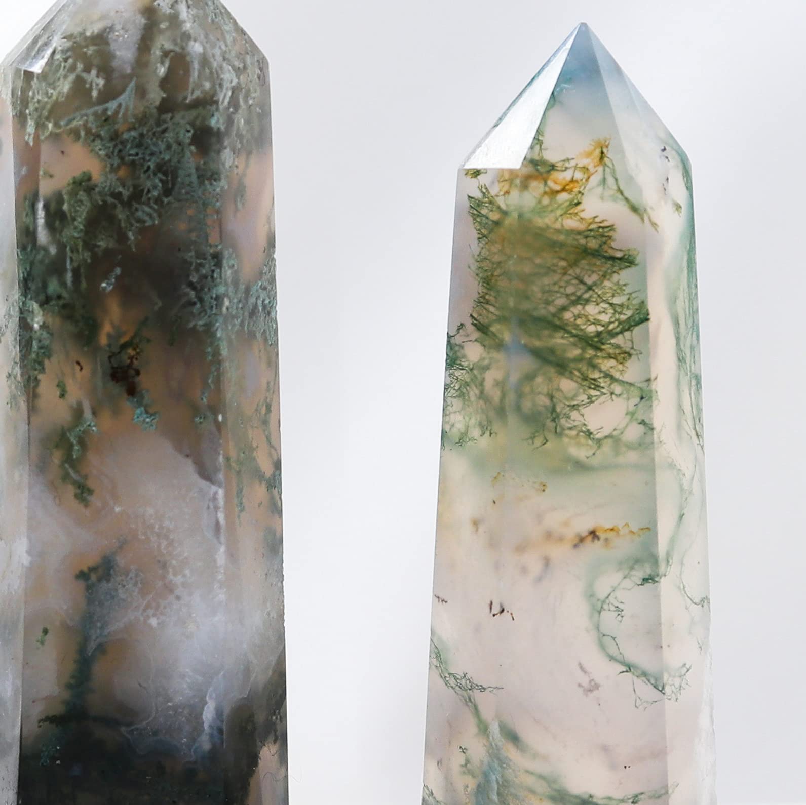 Runyangshi Natural Healing Crystals Aquatic Agate Wands 2-2.4 Moss Agate Single Point Healing Crystal Tower Green Water Plant Ag