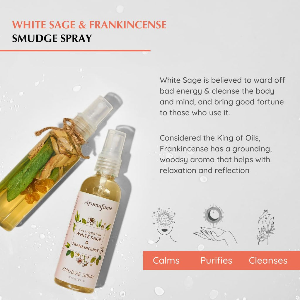 White Sage & Frankincense Smudge Spray by Aromafume | 100ml/3.3 oz | Sage Spray for Cleansing Negative Energy & Protection | Non