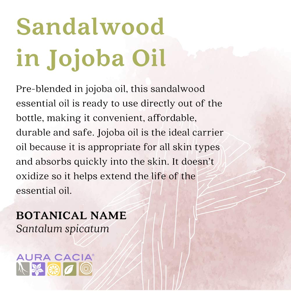 Aura Cacia Sandalwood Essential Oil in Jojoba Oil, 0.5 fl. oz., Woodsy, Balsamic-like Aroma For Skin Care & Centering