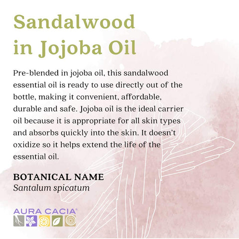 Aura Cacia Sandalwood Essential Oil in Jojoba Oil, 0.5 fl. oz., Woodsy, Balsamic-like Aroma For Skin Care & Centering