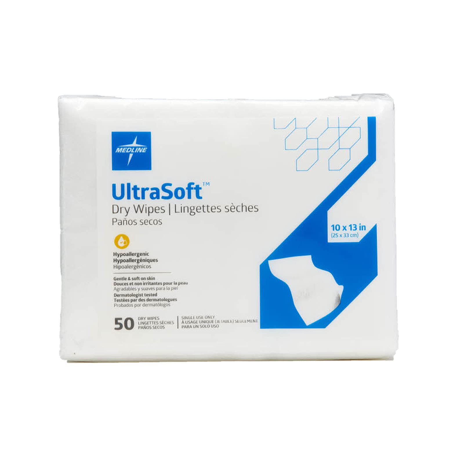 Medline Ultrasoft Absorbent Dry Cleansing Wipes, Hypoallergenic and Fragrance-Free, 10 x 13, 50 Count