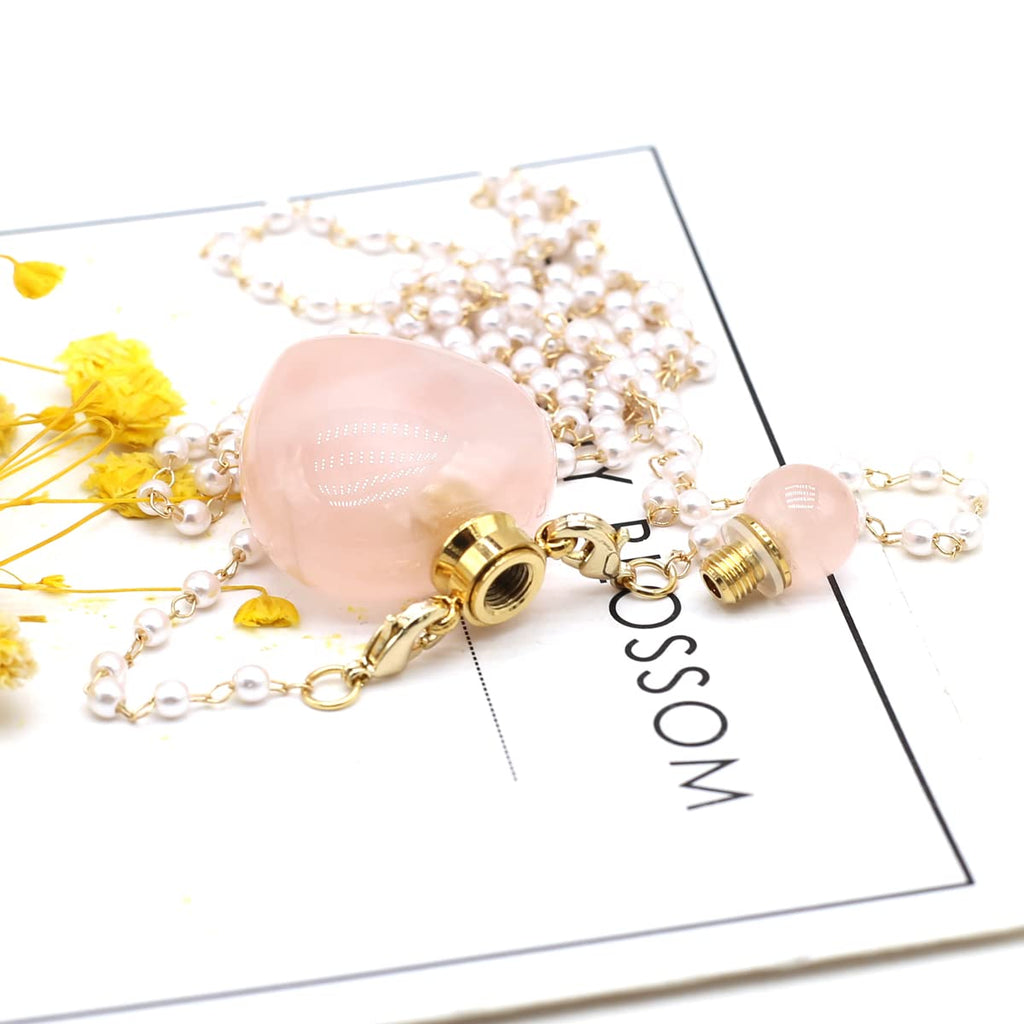 1pcs Natural Rose Quartz Stone Perfume Bottle Pendant Pearl Bead Chain Rectangle Heart Necklace for Women StonHealinge Essential