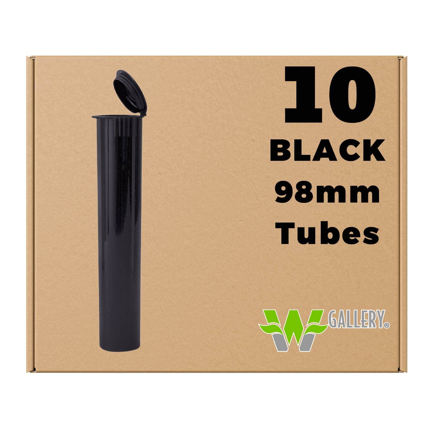 W Gallery 10 Black 98mm Open Cap Pop Top Tubes - Airtight Smell Proof Containers - Plastic Medical Grade Prescription Bottles fo