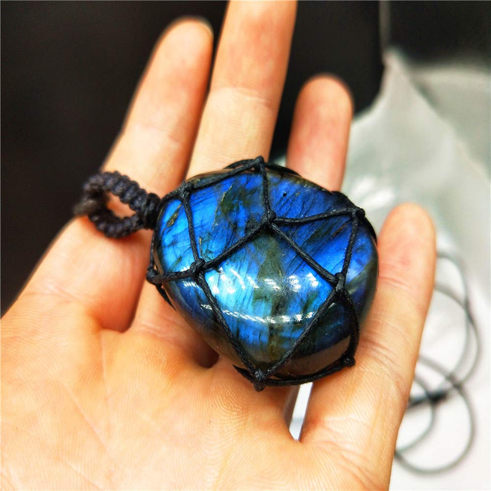 AITELEI Natural Labradorite Crystal Necklace Healing Chakra Pendant with Hand-Woven Rope Labradorite Palm Stone Moonstone Healin