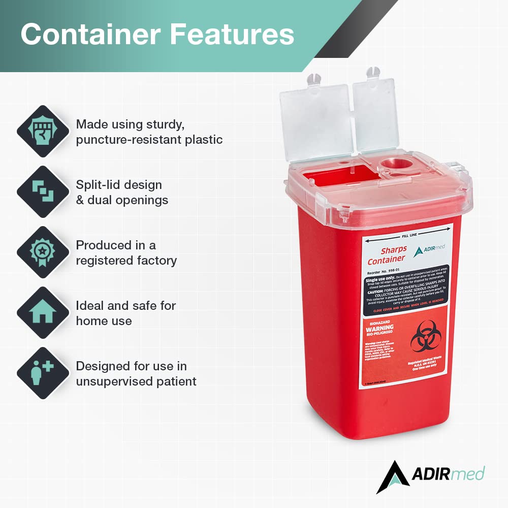 AdirMed Sharps Disposal Container with Flip Open Lid - Biohazard and Syringe Disposal Container - Ideal for Home, Clinic, Office
