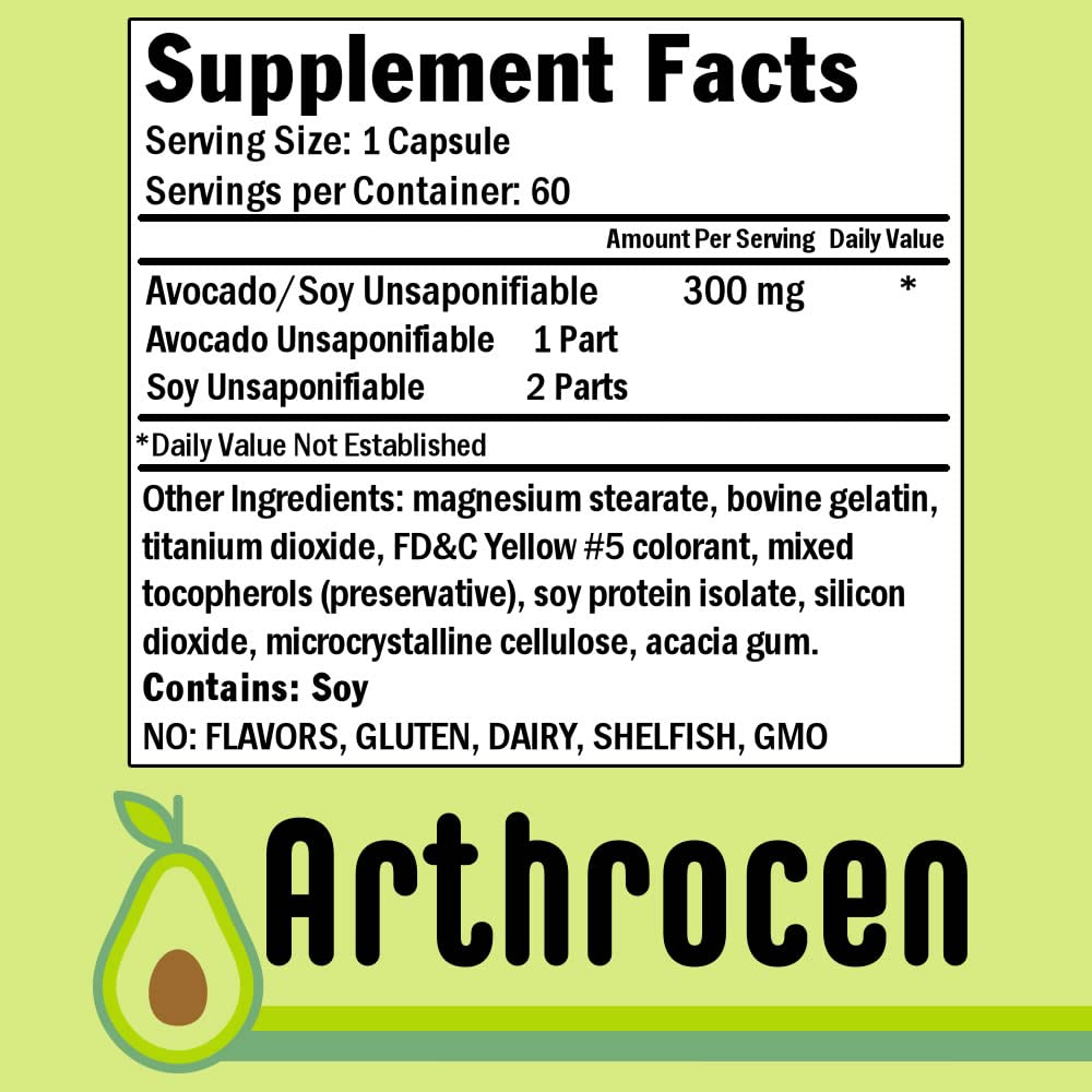 Arthrocen Joint Health Supplement, 300Mg Avocado Soy Unsaponifiable, Non-GMO, Dairy Free, Gluten Free & Shellfish Free, 60 Day S