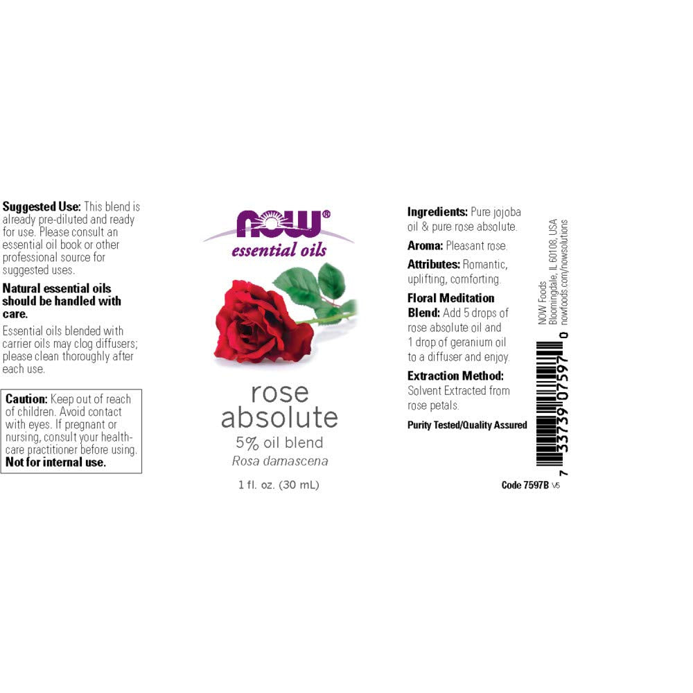 NOW Essential Oils, Rose Absolute, 5% Blend of Pure Rose Absolute Oil in Pure Jojoba Oil, Romantic Aromatherapy Scent, Vegan, Ch