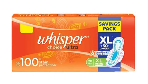 Whisper Choice Sanitary Pads for Women, XL 20 Napkins