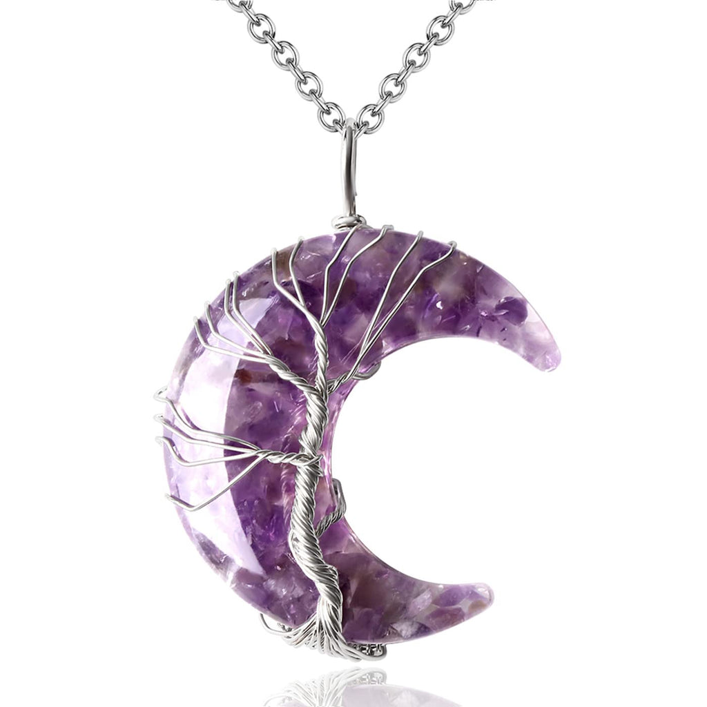MAIBAOTA Amethyst Necklace Healing Crystals Tree Life Wire Wrapped Crescent Moon Phase Pendant Necklace Mothers Day Gifts for Mo