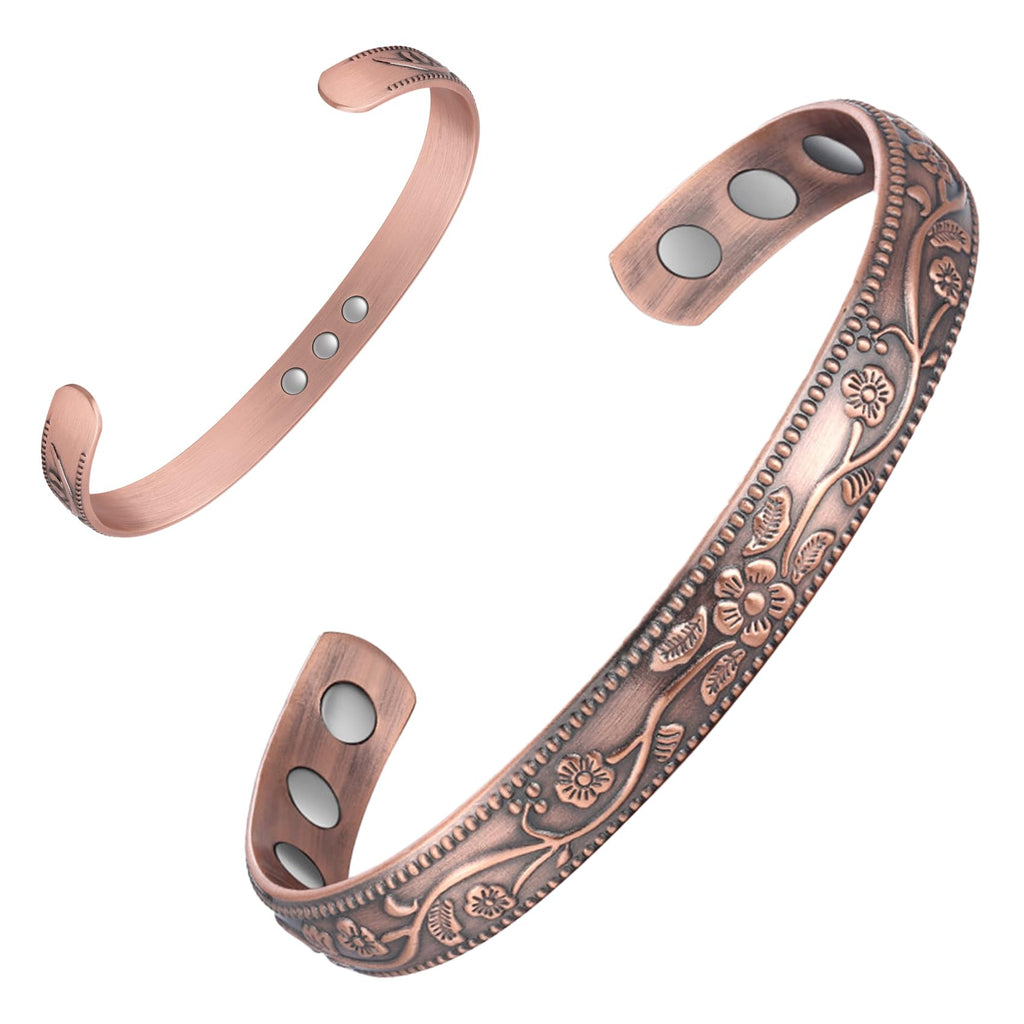 Feraco Magentic Copper Bracelet for Women,Vintage Flower Copper Cuff Bracelet,99.99% Pure Copper with Magnets,Adjustable Magneti