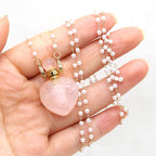 1pcs Natural Rose Quartz Stone Perfume Bottle Pendant Pearl Bead Chain Rectangle Heart Necklace for Women StonHealinge Essential
