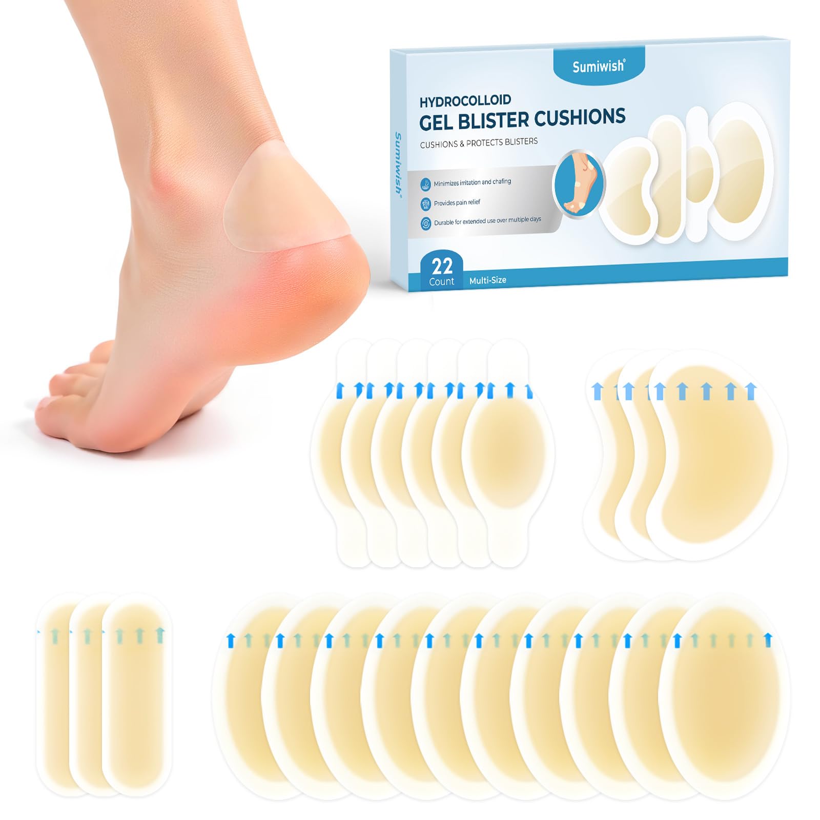 Sumiwish Sumiwish Hydrocolloid Gel Blister Bandages - 22ct for Heel, Toe & Foot - Prevent & Recover Blisters - Water Resistant D