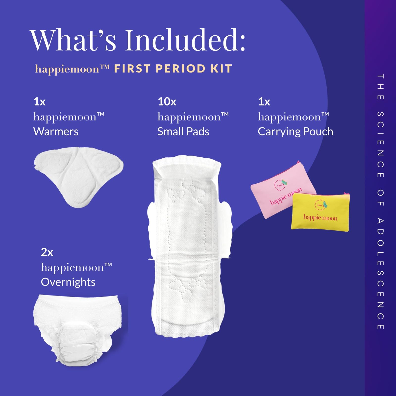 happie moon First Period Kit for Tweens | Small Period Pads | Great for School and On The Go | Zero Chlorine, Bleach, Dyes and F