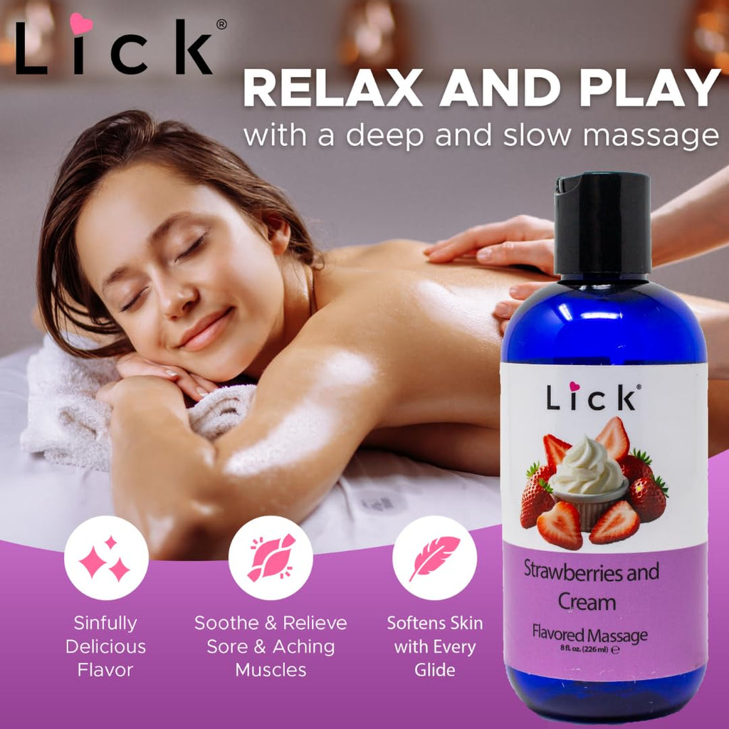 Lick Strawberries and Cream Flavored Massage Oil - 8 oz Edible Body Oil for Couples, Lightweight Formula for Glowing Skin