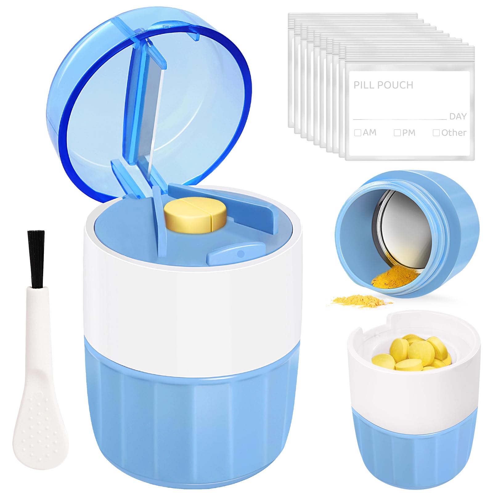 3-in-1 Pill Crusher Cutter with Storage Box, Pill Grinder with Brush Small Bags, PillCrusher Fine Powder with Stainless Steel Gr