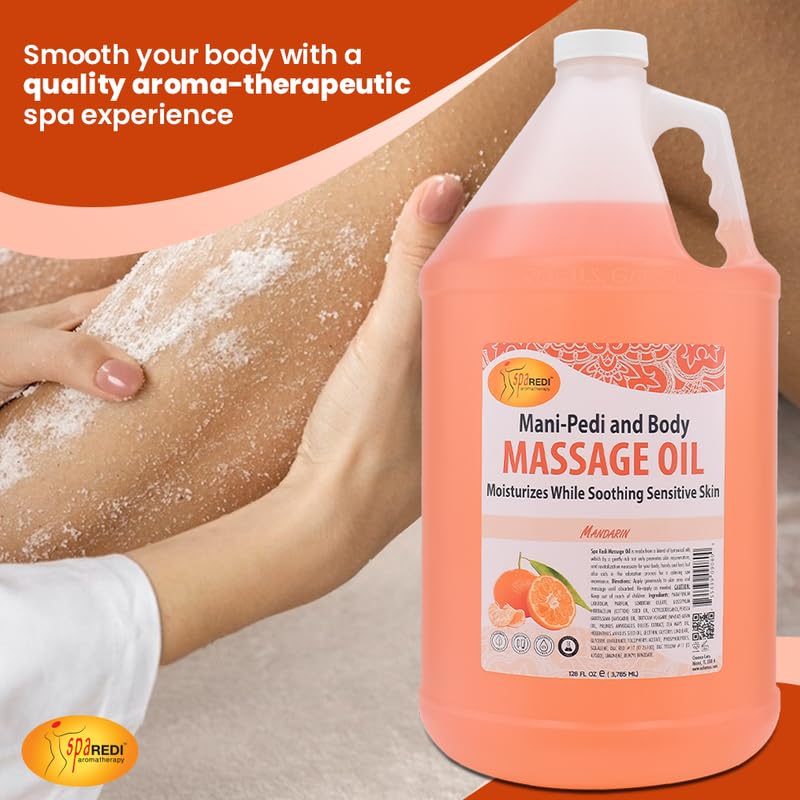 SPA REDI - Mandarin Scented Massage Therapy Oil, 128 Oz - Full Body Massage, Almond, Cotton Seed, Sunflower, Avocado & Essential