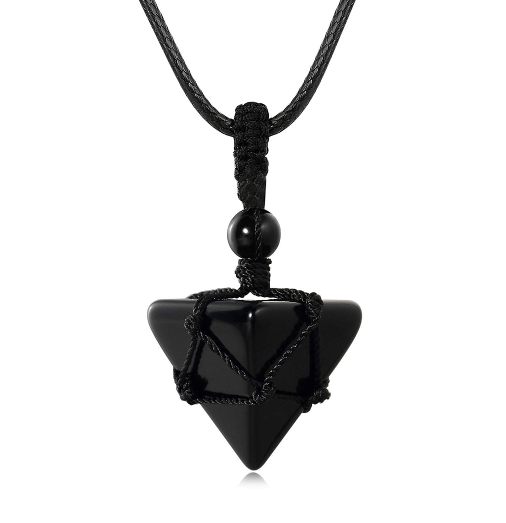 XIANNVXI Black Obsidian Healing Crystal Stone Necklace Spirtual Pyramid Gemstone Pendant Necklaces Adjustable Rope Natural Reiki