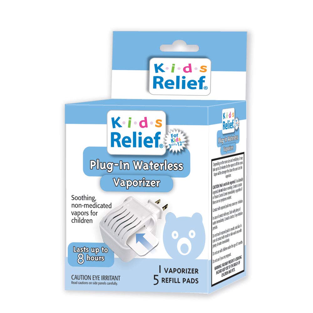 Kids Relief Plug-in WATERLESS Vaporizer with 5 Soothing Non-Medicated Menthol Eucalyptus Lavender Vapor Refill Pads, 1 ct