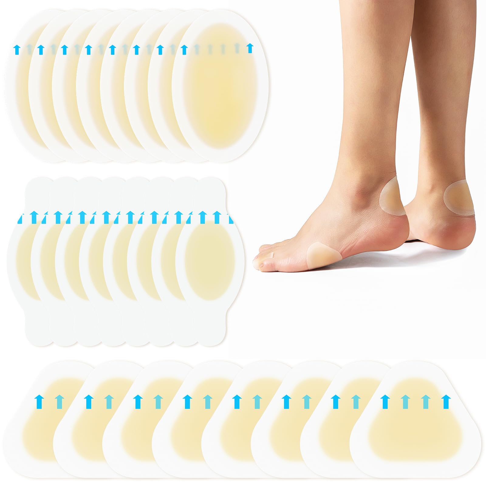 Blister Bandages for Feet, Gel Blister Cushions - 24Pcs Water Resistant Hydrocolloid Bandages for Heel, Toe & Foot - Blister Pad