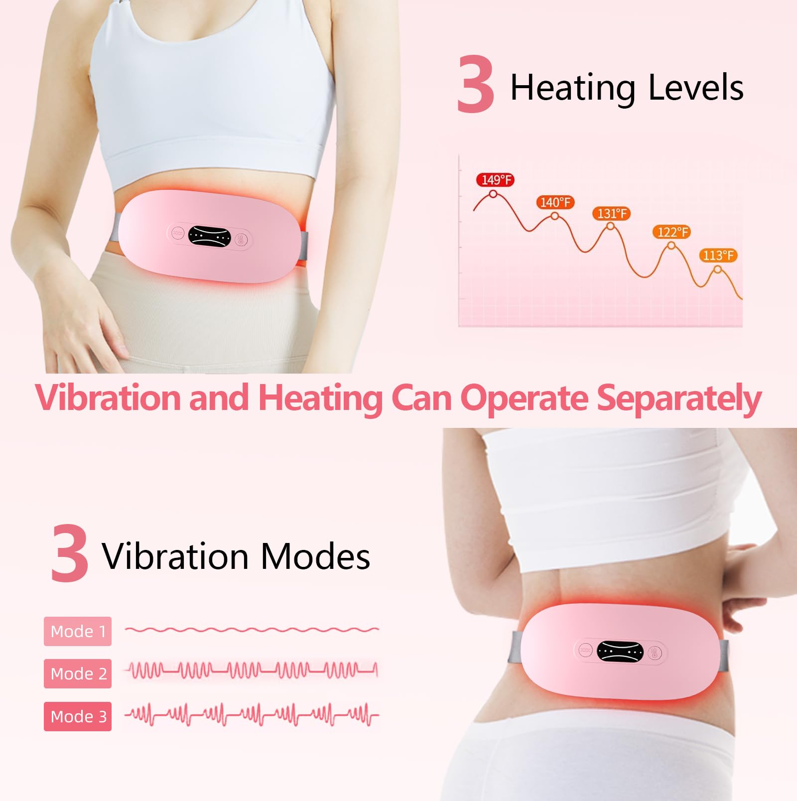 LISACOOL Portable Heating Pad for Period Cramps Cordless Menstrual Heating Pad with 3 Heat Levels and 3 Massage Modes, Birthday
