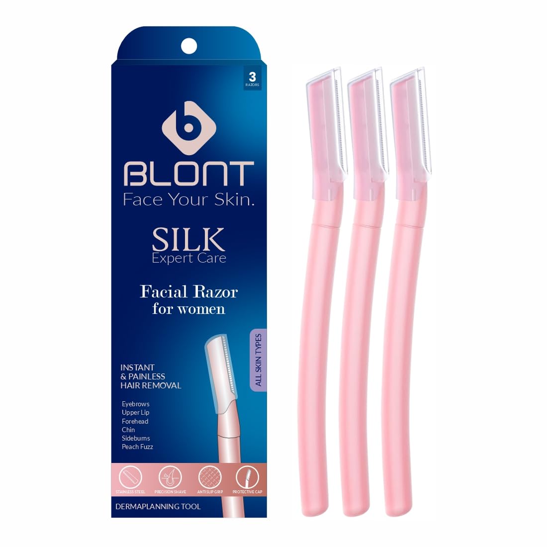 Blont Dermaplaning Face Razor For Woman, Reusable, Pack Of 3 | Smooth & Painless Facial Hair Removal Razors For Women | Eyebrows