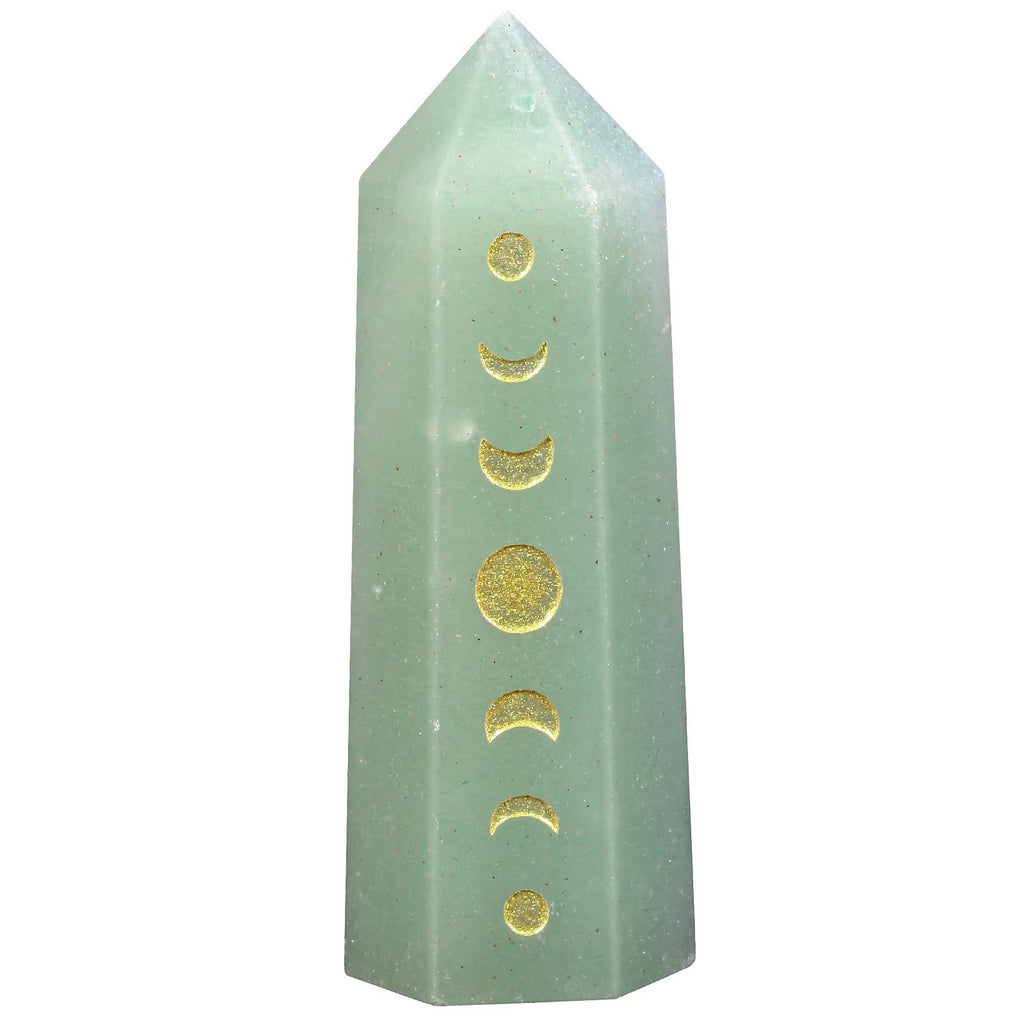 Amogeeli Wicca Moon Phase Green Aventurine Stone Point Wand for Reiki Meditation, 6 Faceted Prism Healing Stone Decoration for H