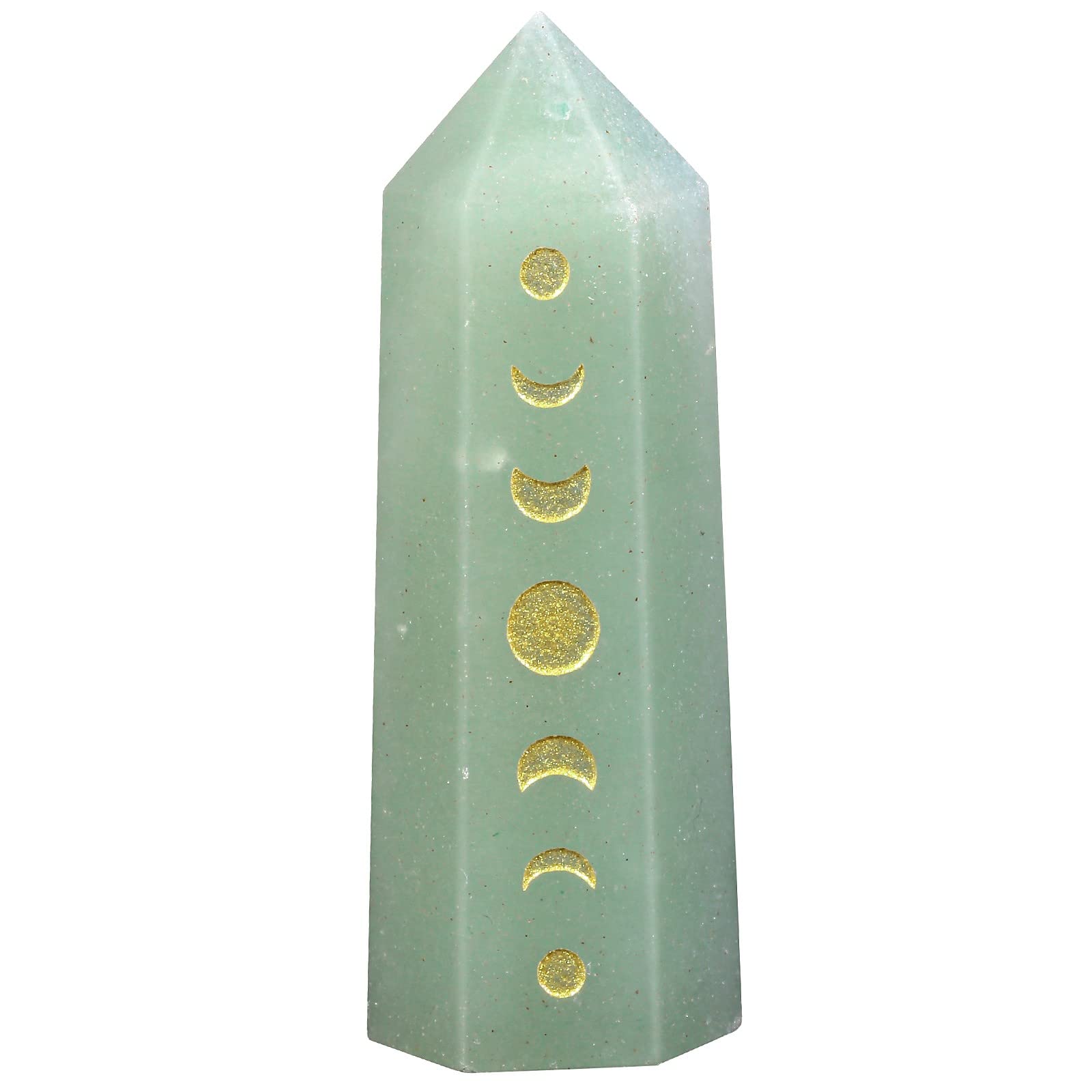 Amogeeli Wicca Moon Phase Green Aventurine Stone Point Wand for Reiki Meditation, 6 Faceted Prism Healing Stone Decoration for H