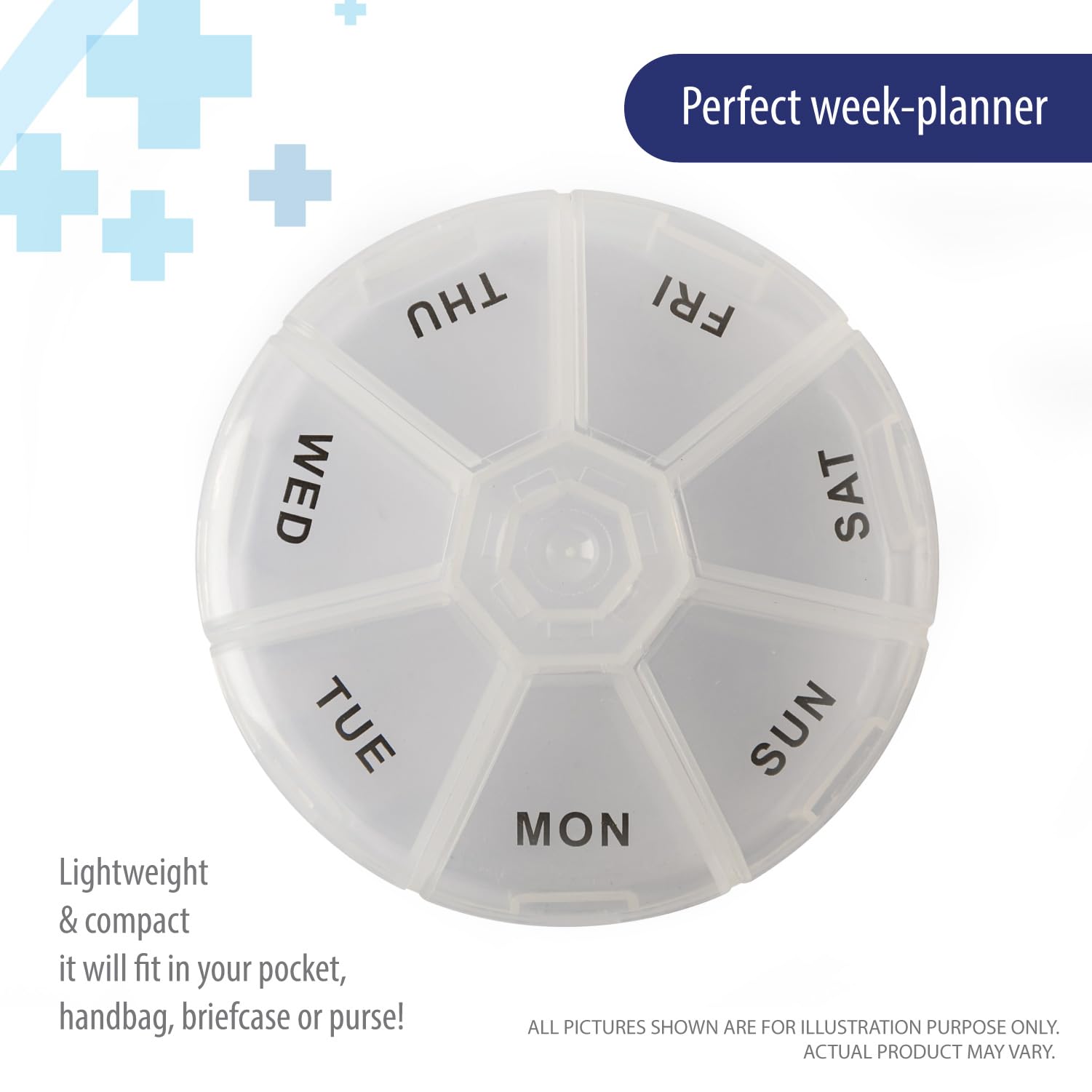 Deke Home - Round Portable Pill Box, Medicine Planner, Small 7 Day Weekly Travel Container, Medication, Vitamin Holder, Pillbox