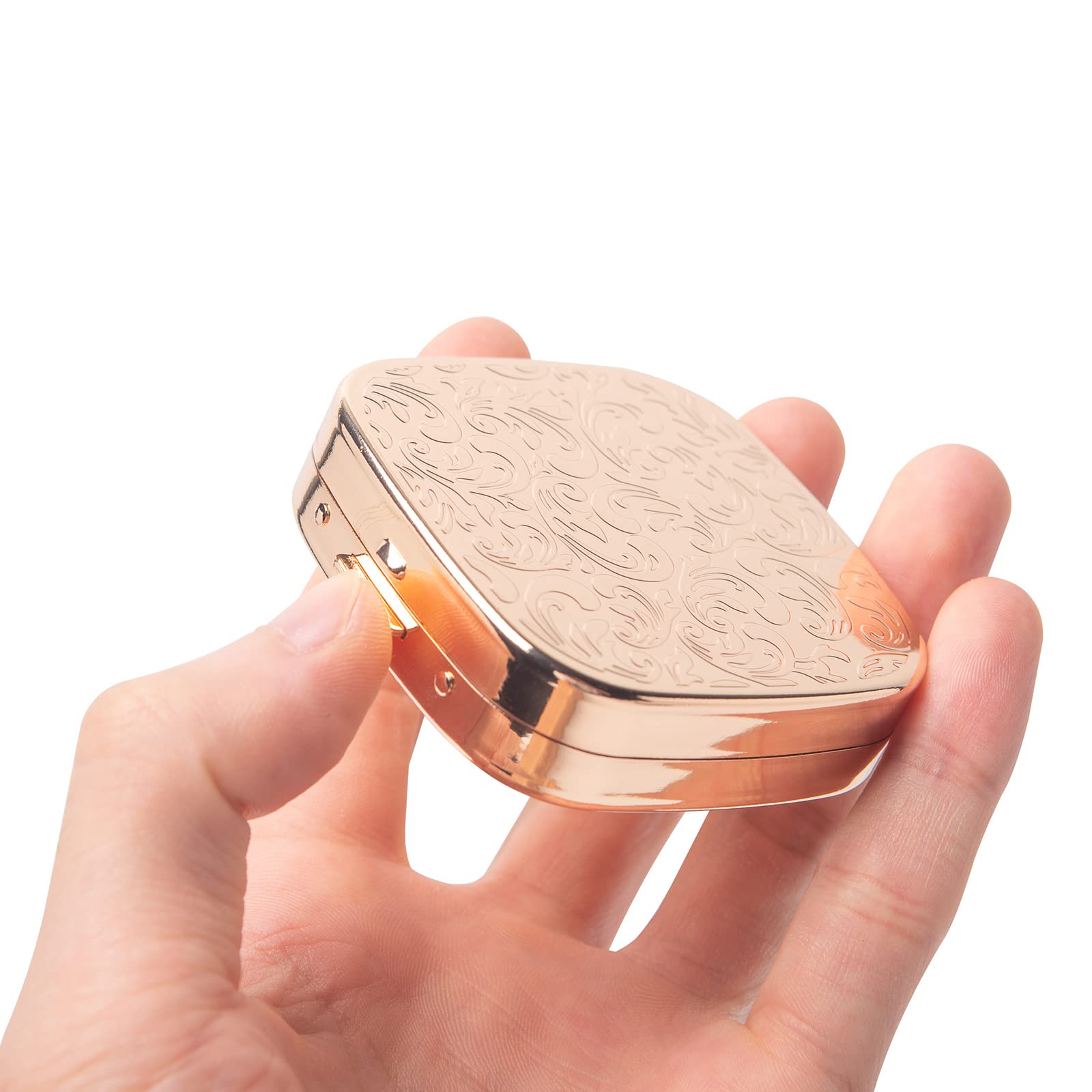 Fashion Elegant Medicine Portable Double Protection Switch Metal Travel Pill Box with Mirror (Small, 3 compartments, Gold)