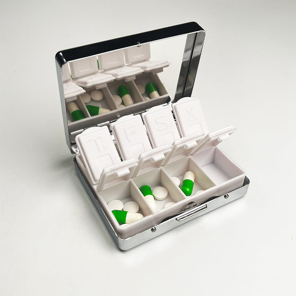 Travel Pill Organizer 7 Day Metal Pill Box with Mirror and 8 Compartments Cute Travel Pill Organizer for Purse (Mushroom Garden)