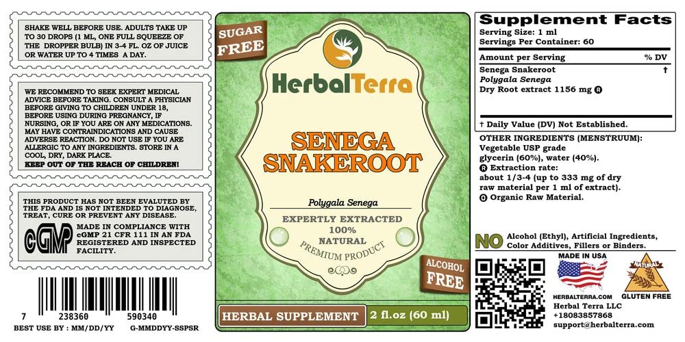 Herbal Terra LLC Senega Snakeroot (Polygala Senega) Glycerite, Dried Roots Alcohol-Free Liquid Extract 2 oz